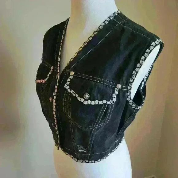 Authentic Versace Denim Vest | Rare Vintage Silver Threaded Designer Black Vest - Picture 3 of 9